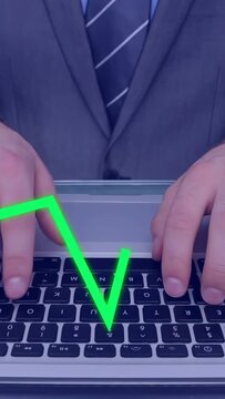 Vertical video: Exec placing hands, typing on keys, creating lines showing finance above hands