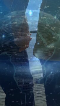 Vertical video: Cam panning, senior pair walking pier, joining hands, globe showing health and bond