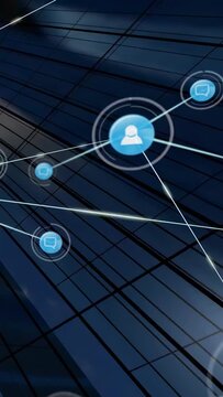 Vertical video: Bright dot starting user-chat icons on glass, icons linking, pulsing mapping tech