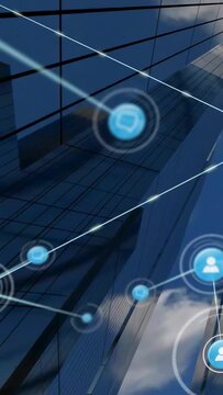 Vertical video: Thin light sweeping glass tower, sparking blue user nodes forming links for tech