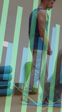 Vertical video: Man walking left across yoga mat to reposition passing woman bars  and  line chart o