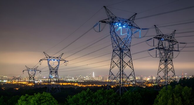 Night photograph of high-voltage power lines silhouetted against a cityscape