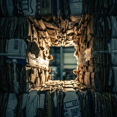 Naklejka premium Warehouse stack of cardboard boxes with perspective tunnel effect