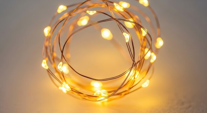 A close-up shot of shimmering, delicate copper wire fairy lights illuminating a soft, textured background with a warm golden glow, illumination, mood, night