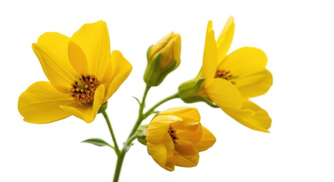 Close up of vibrant yellow freesia flowers on a white background