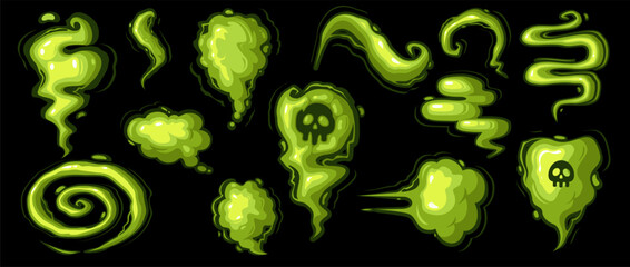 Naklejka premium Set of glowing green cartoon gas clouds with skull elements on black background