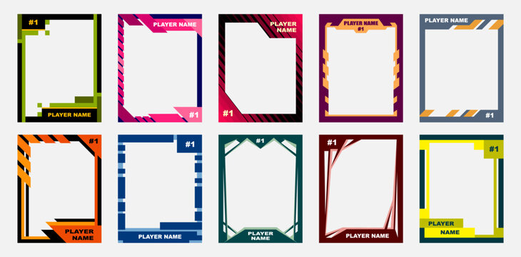 Colorful blank player trading card templates with various designs and borders