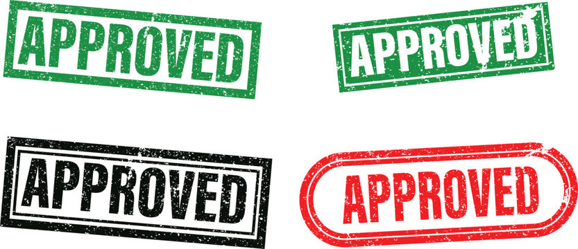 A set of colorful rubber stamps with the word APPROVED on transparent background