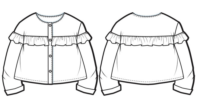 Girls Ruffle Blouse woven top design flat sketch fashion illustration vector template with front and back view,  button front blouse Toddler baby girl long sleeve frill detail blouse top