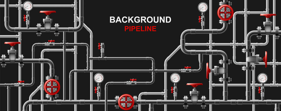 Industrial pipeline system with red valves and pressure gauges on black background