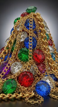 A dazzling, excessive pile of thick gold chains and enormous faux gemstones, representing extravagant and pretentious wealth display, display, rich, jewelry