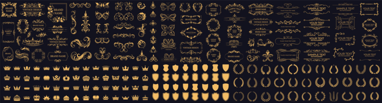 Elegant collection of vintage gold frames and decorative elements on dark background