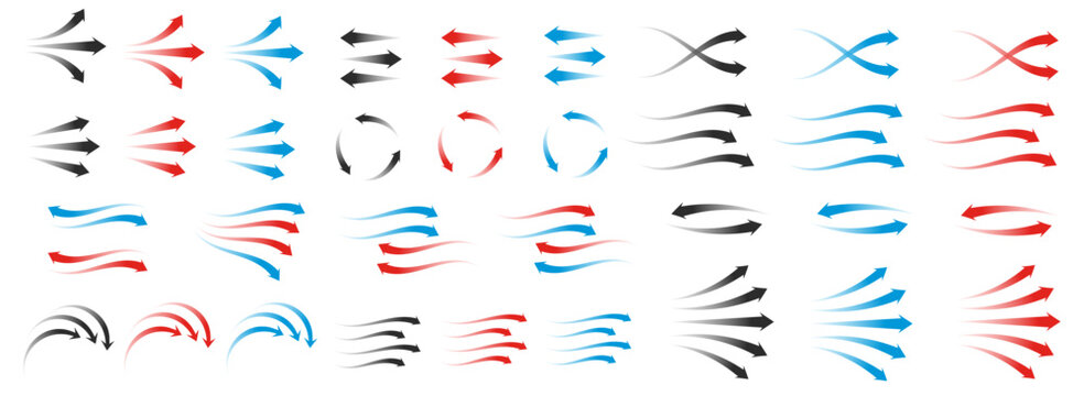 Colorful arrow variations: red, blue, black directional designs in motion