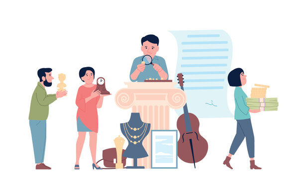 Pawnshop concept. Customers bring jewelry, antique items, scrap and receive money. Second hand shop. People sell and buy different objects recent vector scene