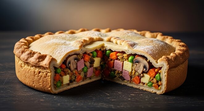 Rustic, homemade savory pie stuffed with mixed ingredients, demonstrating budget cooking and using up kitchen scraps, quick meal, brown, eclectic