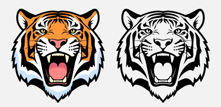 Colorful and black tiger head profiles, vector illustration for exotic nature mascot design