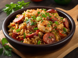 Fototapeta premium Jambalaya bowl with shrimp, sausage, and rice