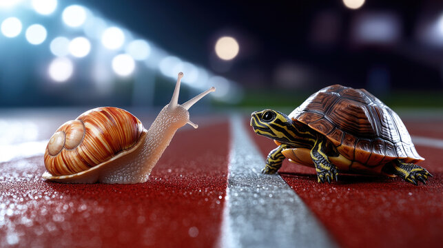 Slow moving snail and determined turtle standing side by side on a red athletic track at a white starting line, symbolizing contrast, an unlikely race, and the underdog spirit in a competitive world