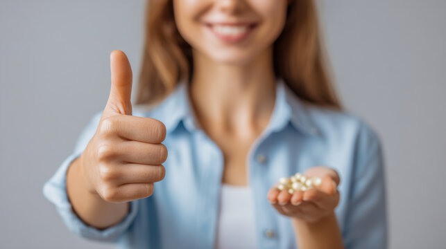 Woman wearing casual clothes holding a handful of capsules while showing thumbs-up gesture with a cheerful smile on a neutral background