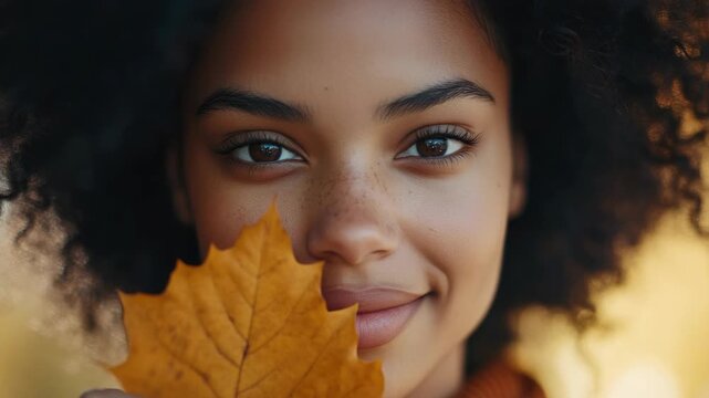 Female with natural hair holding a maple leaf, close-up portrait during autumn season.
