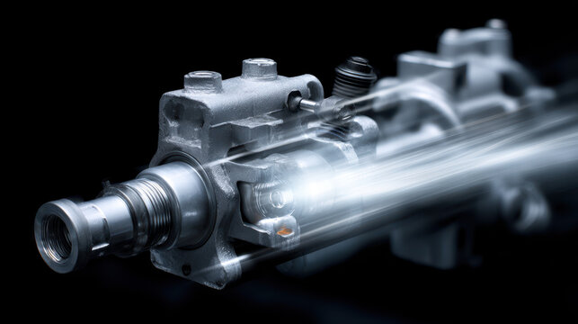 High speed shot of car engine variable valve timing mechanism showing metal parts and motion blur effect in dark background