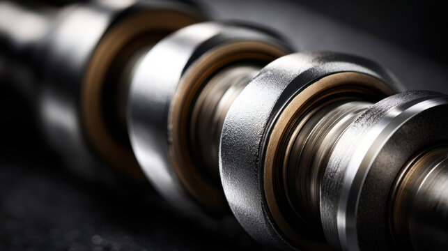 Macro photography of brightly lit automotive camshaft showing detailed metal texture and mechanical parts with dark background creating focused