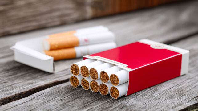 Pack of unfiltered cigarettes arranged neatly inside a red and white cardboard box displayed on rustic wooden surface background in natural light