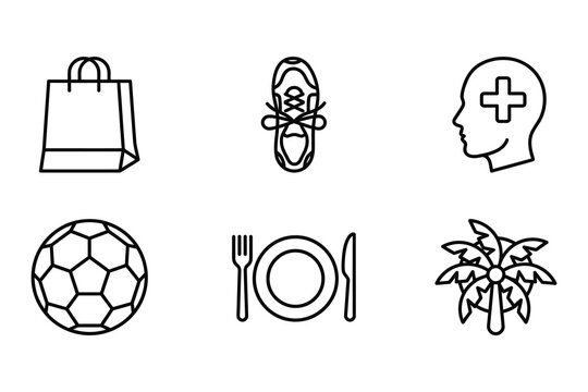 Daily lifestyle line icons including shopping bag sports equipment healthcare dining travel symbols for retail and wellness with lifestyle
