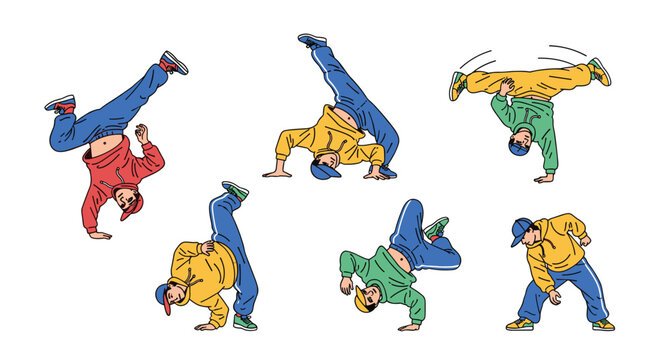 A series of skilled breakdancers execute complex acrobatic maneuvers like headspins and handstands while wearing bright yellow and red hoodies on a white background.