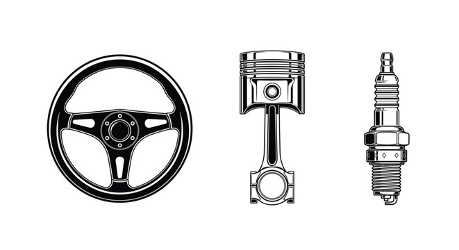 A meticulous black and white graphic illustration features a classic three-spoke steering wheel alongside a mechanical piston and a detailed spark plug.