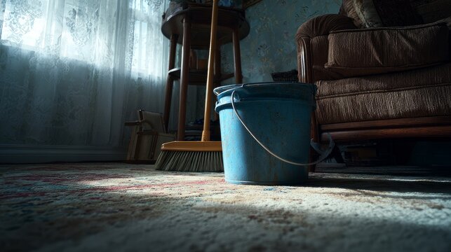 Bucket, cleaning things, and tools rest on the living room floor, leaving room for your message.