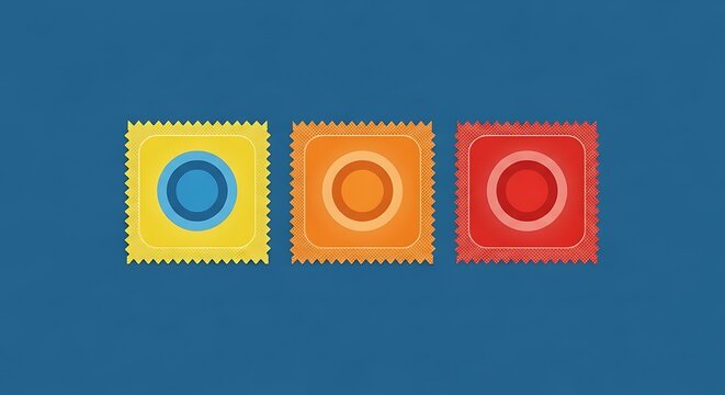 Vector graphic of three colorful foil condom packages on a blue background