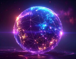 Obraz premium A vibrant, glowing globe, connected by a network of lines, floats against a starry, colorful backdrop, symbolizing global connections