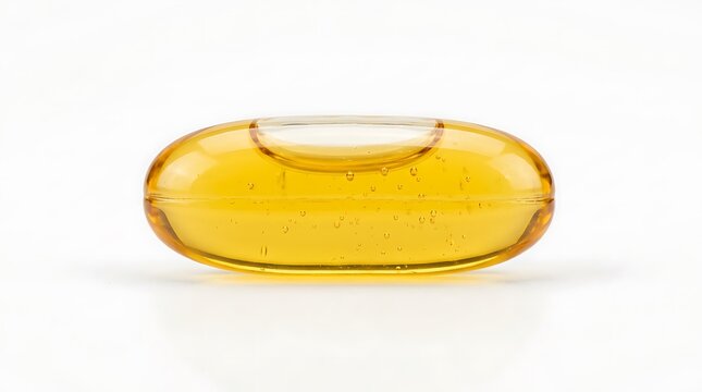 Yellow transparent gel capsule pill with bubbles inside isolated on white background