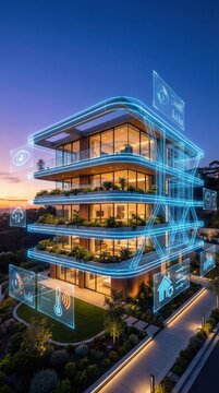 Smart home building with glowing UI. Future living and automation.