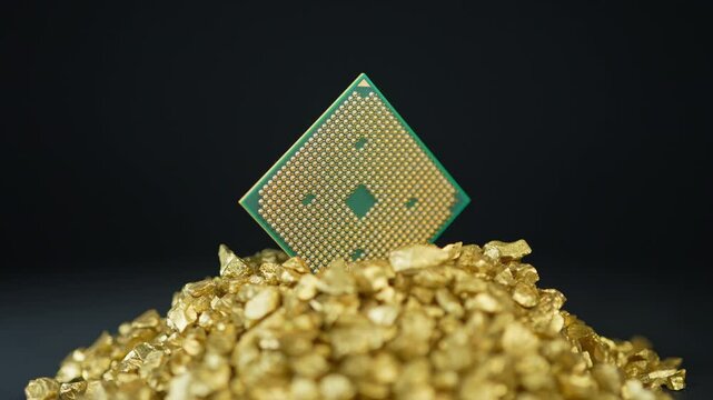 CPU or GPU in pile of gold nuggets display, concept of rear earth elements mining demand. Mining and AI global demand for REEs. Building of data centers and processing power for AI and LLMs.