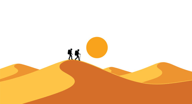 Two adventurous hikers with large backpacks and walking sticks traverse the rolling crests of vibrant orange sand dunes under a massive glowing desert sun.