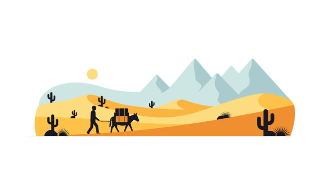 A serene desert landscape illustration features a silhouetted traveler leading a loaded donkey past tall cacti toward distant light blue mountain peaks and sun.