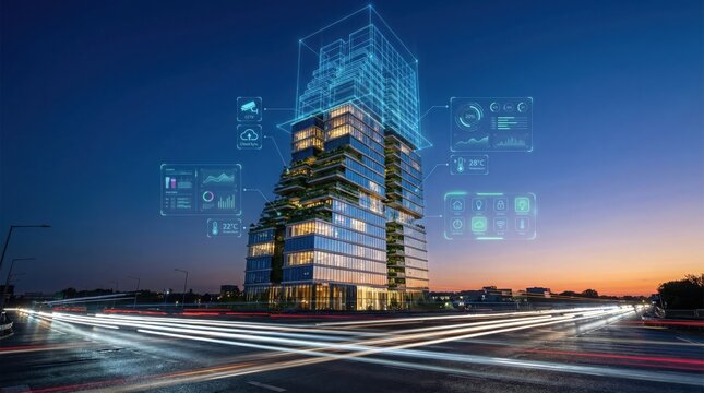 Smart building with digital data overlays. Future urban efficiency. Innovation at night.