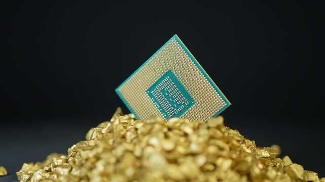 Concept of CPU chips shortage due Artificial Intelligence AI data centers development demand. Central Processing Units used for Servers Computer Systems. CPU in pile of gold nuggets.