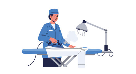 Fototapeta premium A diligent laundry worker wearing a blue professional uniform and cap meticulously irons a crisp white shirt on a blue board under a bright desk lamp.