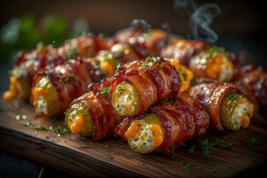 smoky bacon-wrapped pickle poppers on a wooden boad