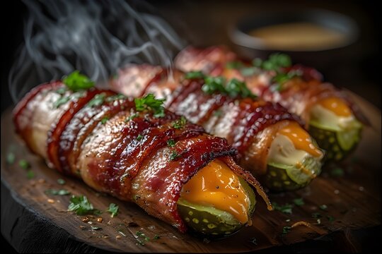 smoky bacon-wrapped pickle poppers on a wooden boad