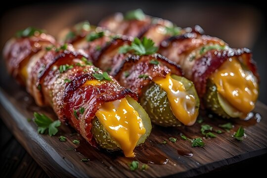 smoky bacon-wrapped pickle poppers on a wooden boad