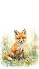 Fototapeta premium Watercolor fox kit sitting in wildflower meadow with soft pastel background for nursery decor and nature illustration projects.