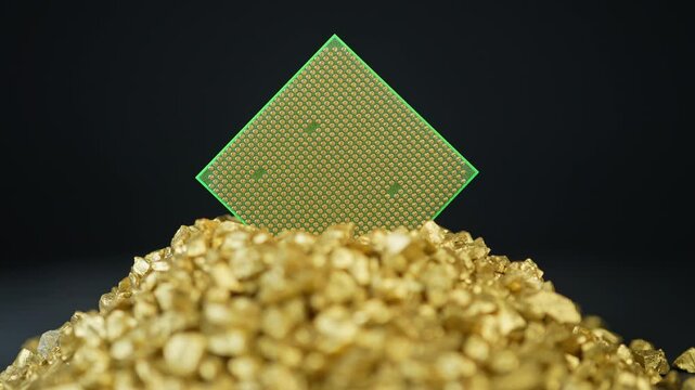 Concept of CPU chips shortage due Artificial Intelligence AI data centers development demand. Central Processing Units used for Servers Computer Systems. CPU in pile of gold nuggets.