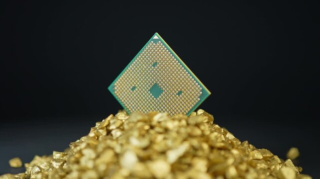 CPU or GPU in pile of gold nuggets display, concept of rear earth elements mining demand. Mining and AI global demand for REEs. Building of data centers and processing power for AI and LLMs.