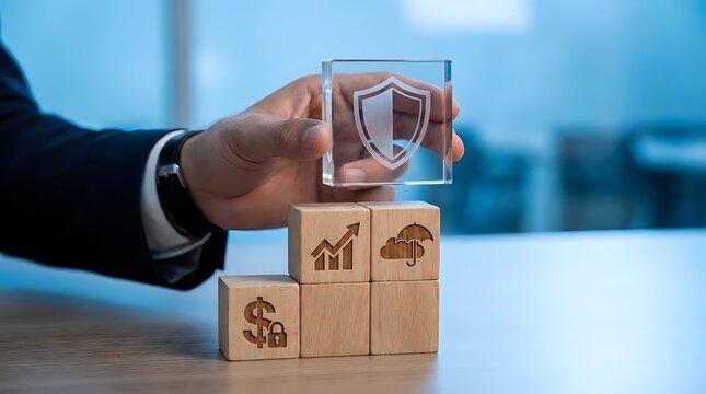 Businessman hand holding transparent cube with shield icon over wooden blocks showing financial symbols representing business security and protection concept.
