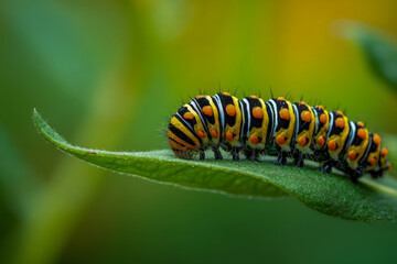 Fototapeta premium Vibrantly colored caterpillar with distinct orange and black patterns crawling on a lush green leaf in a softly blurred natural background setting