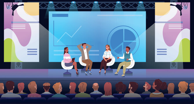 Speakers forum stage. Speaker discussion on stage, business event conference congress meeting corporate seminar public hall auditorium talk presentation classy vector illustration